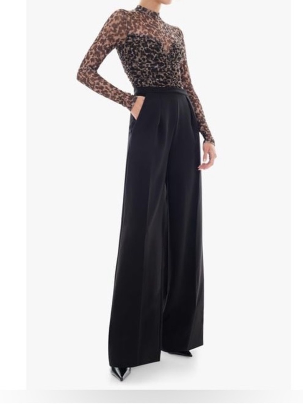 Black Halo Brown and Black Sheer Leopard-Print Mock Neck Top